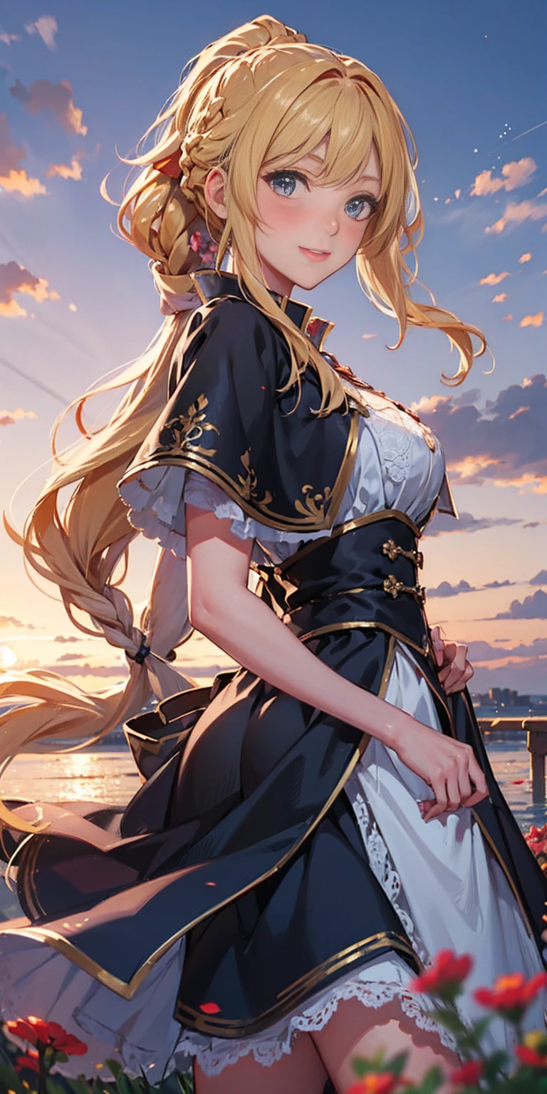 best quality, masterpiece, extremely detailed, detailed background, 1girl, solo, yellow hair, blue eyes, braid, long hair, wavy hair, fluffy hair, ponytail, french braid, blush, smile, capelet, lace trim, bodice, sunset, dusk, scenery, high place, horizon, wind, wind blow, flowerbed, looking at viewer, depth of field, bokeh