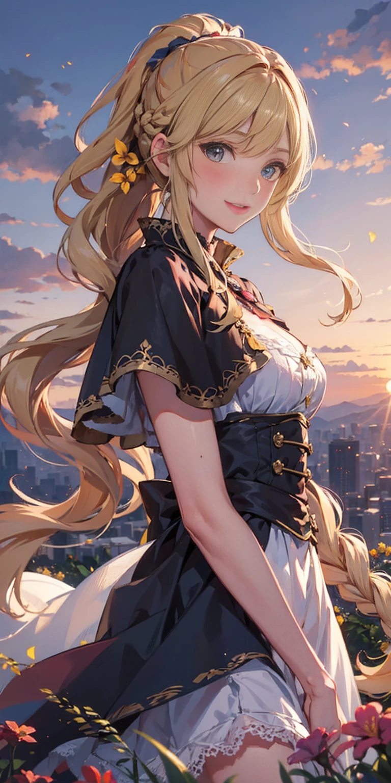 best quality, masterpiece, extremely detailed, detailed background, 1girl, solo, yellow hair, blue eyes, braid, long hair, wavy hair, fluffy hair, ponytail, french braid, blush, smile, capelet, lace trim, bodice, sunset, dusk, scenery, high place, horizon, wind, wind blow, flowerbed, looking at viewer, depth of field, bokeh