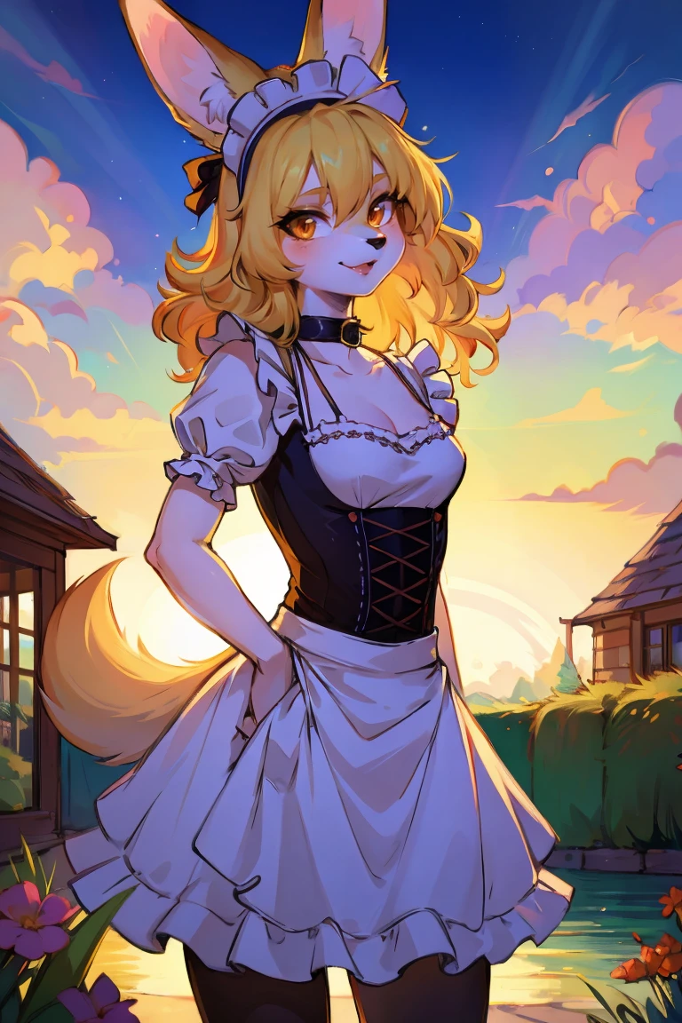 (hairy,Dog Girl,Furry girl in maid costume),(best quality,high resolution,Extremely detailed,Practical:1.37),Beautiful and delicate eyes,Beautiful and delicate lips,Extremely detailed eyes and face,Long eyelashes,It has soft fur,Blonde hair,Natural sunlight,Garden,Soft colors,Peaceful atmosphere,Warm and comfortable environment,Vibrant colors,Playful expression,Gentle smile,Bright Eyes,curls,Elegant Posture,Cute dog ears,Cute tail,Fluffy Skirt,Exquisite embroidery,Ruffled lace apron,Maid headband,cute collar,Bunny slippers,Ribbon,Rustic white frills,Luxurious fabrics, number,Smart Rendering,Dreamy atmosphere,Delicate hands+bow,Small proportions,Beautiful movements,Pure charm,Peculiar details,Fascinating background, Fantasy Lights, Artistic Composition