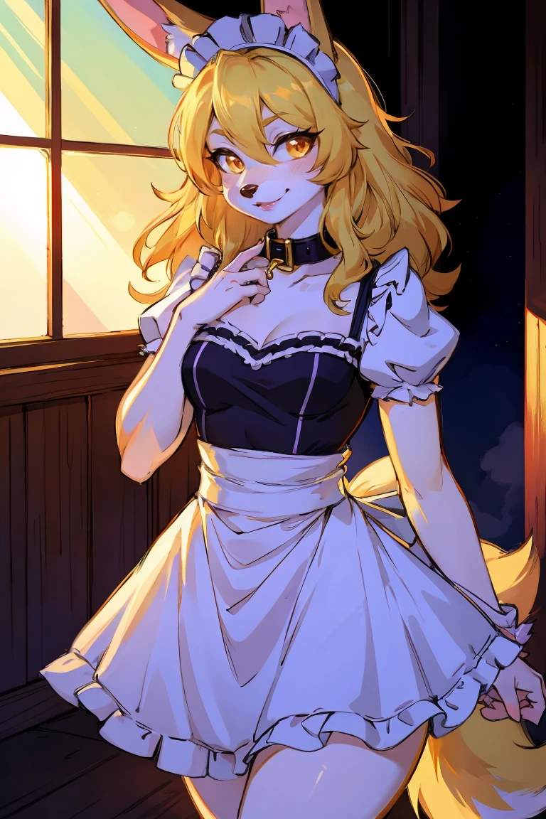 (hairy,Dog Girl,Furry girl in maid costume),(best quality,high resolution,Extremely detailed,Practical:1.37),Beautiful and delicate eyes,Beautiful and delicate lips,Extremely detailed eyes and face,Long eyelashes,It has soft fur,Blonde hair,Natural sunlight,Garden,Soft colors,Peaceful atmosphere,Warm and comfortable environment,Vibrant colors,Playful expression,Gentle smile,Bright Eyes,curls,Elegant Posture,Cute dog ears,Cute tail,Fluffy Skirt,Exquisite embroidery,Ruffled lace apron,Maid headband,cute collar,Bunny slippers,Ribbon,Rustic white frills,Luxurious fabrics, number,Smart Rendering,Dreamy atmosphere,Delicate hands+bow,Small proportions,Beautiful movements,Pure charm,Peculiar details,Fascinating background, Fantasy Lights, Artistic Composition