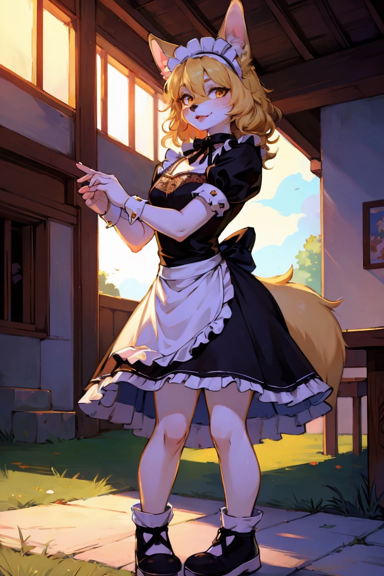 (hairy,Dog Girl,Furry girl in maid costume),(best quality,high resolution,Extremely detailed,Practical:1.37),Beautiful and delicate eyes,Beautiful and delicate lips,Extremely detailed eyes and face,Long eyelashes,It has soft fur,Blonde hair,Natural sunlight,Garden,Soft colors,Peaceful atmosphere,Warm and comfortable environment,Vibrant colors,Playful expression,Gentle smile,Bright Eyes,curls,Elegant Posture,Cute dog ears,Cute tail,Fluffy Skirt,Exquisite embroidery,Ruffled lace apron,Maid headband,cute collar,Bunny slippers,Ribbon,Rustic white frills,Luxurious fabrics, number,Smart Rendering,Dreamy atmosphere,Delicate hands+bow,Small proportions,Beautiful movements,Pure charm,Peculiar details,Fascinating background, Fantasy Lights, Artistic Composition