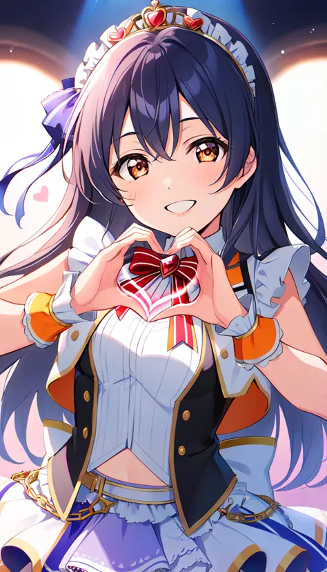 1girl, umi_sonoda, upper body, idol costume, smile, id_umi_sonoda,making her heart-shaped hands