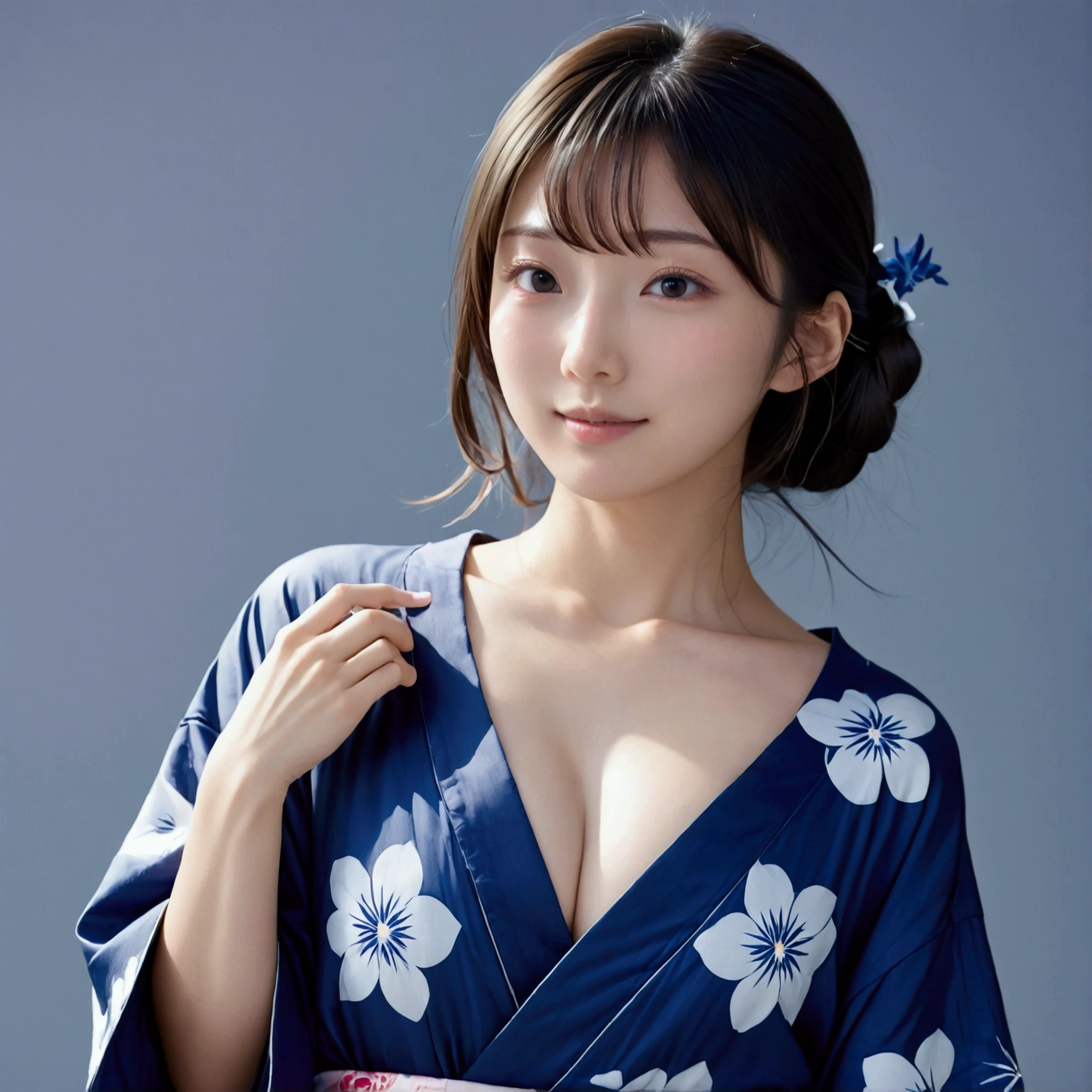 (masterpiece、high resolution、high quality)、Beautiful Japanese Women:1.3,Model Body Type、Beautiful body、Japanese Yukata、Soaring、night、Laughter、Clear Eyes、(((Flat Chest)))、Beautiful Skin、Yukata Beauty、Morning glory pattern yukata、Cool Summer、Professional Photography、