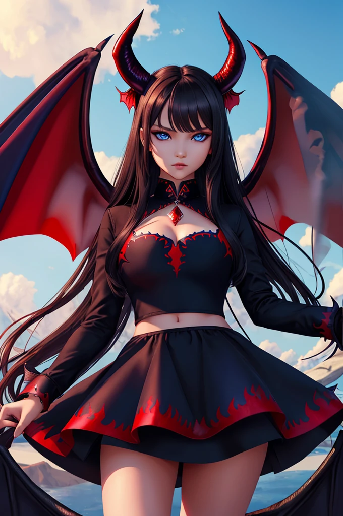 16 year old Kristina Romanova, ultra detailed face, ultra detailed blue eyes, long black hair, horns, (red dress, skirt), (((masterpiece, large demon wings:1.3)))