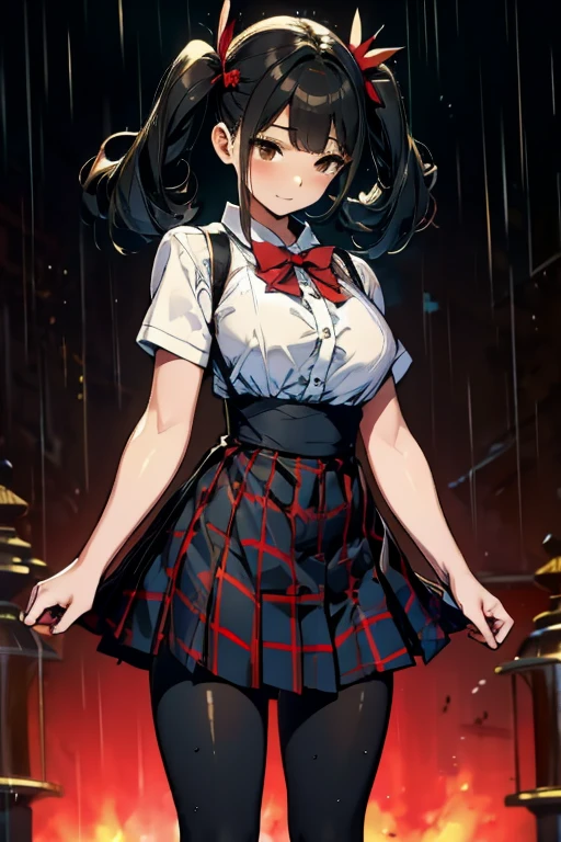 LingX,black hair,twintails,brown eyes,hair ornament, pantyhose (insanely detailed, masterpiece, best quality),solo, steam , rain , plaid skirt , pleated skirt , Tight shirt , white Shirt , school girl , red bow , red knot ,