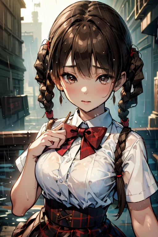 ((ultra detailed, masterpiece, absurdres)) DOALeiFang, 1girl, brown hair, brown eyes, twin braids, hair rings, portrait , steam , rain , plaid skirt , pleated skirt , Tight shirt , white Shirt , school girl , red bow , red knot ,