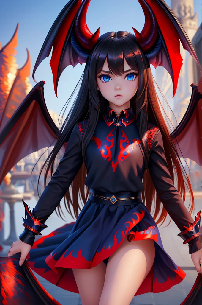 16 year old Kristina Pimenova, ultra detailed face, ultra detailed blue eyes, long black hair, horns, (red dress, skirt), (((masterpiece, large demon wings:1.3)))