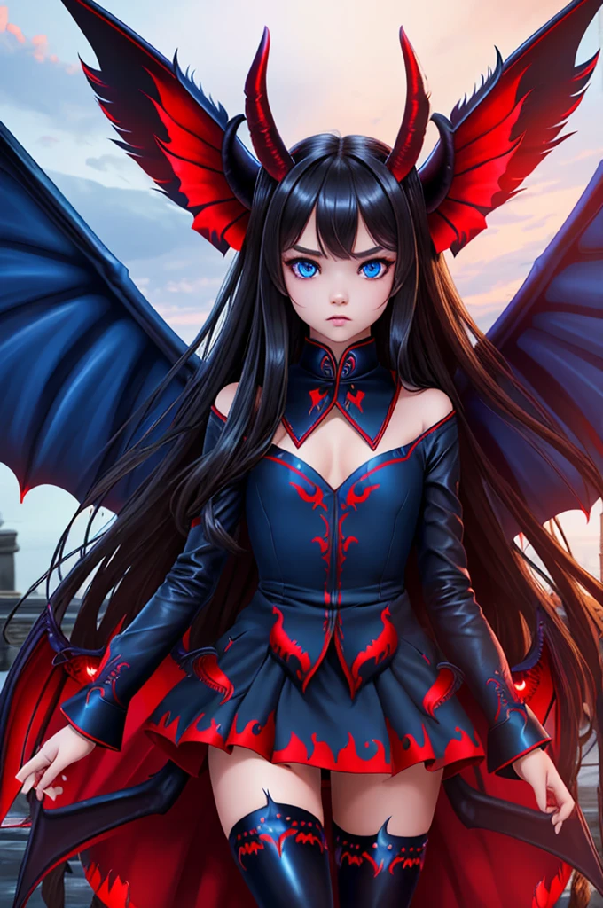 16 year old Kristina Pimenova, ultra detailed face, ultra detailed blue eyes, long black hair, horns, (red dress, skirt), (((masterpiece, large demon wings:1.3)))