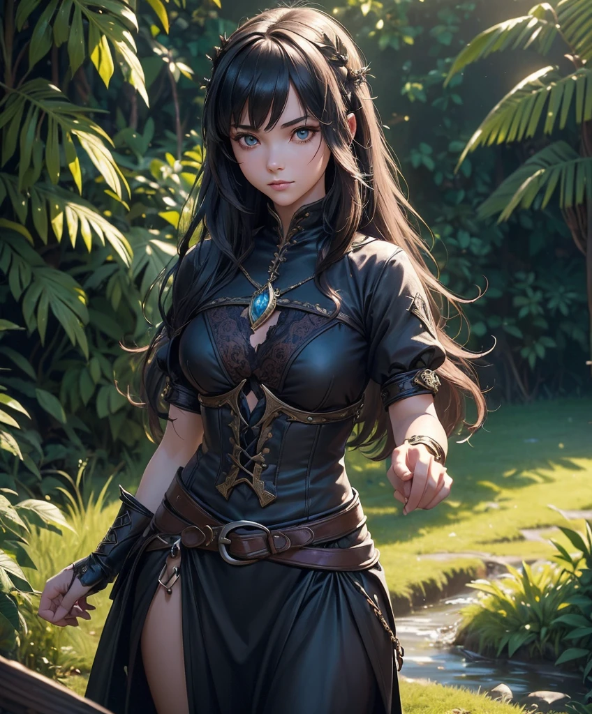 (((Single character image.))) (((1girl))) (((Dressed in medieval fantasy attire.))) (((Solo))) (((Generate a darkly sexy female character for a fantasy setting.))) (((Appears to be 20 years old with youthful looks.)))Generate a female character in a fantasy tropical setting.  She dresses in swashbuckler fashion, looks dangerous and sexy and seems like an ideal fantasy character.  best quality:1.0,hyperealistic:1.0,photorealistic:1.0,madly detailed CG unity 8k wallpaper:1.0,masterpiece:1.3,madly detailed photo:1.2, hyper-realistic lifelike texture:1.4, picture-perfect:1.0,8k, HQ,best quality:1.0, 