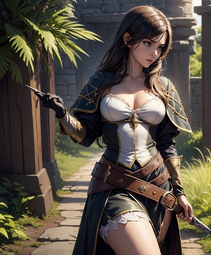 (((Single character image.))) (((1girl))) (((Dressed in medieval fantasy attire.))) (((Solo))) (((Generate a darkly sexy female character for a fantasy setting.))) (((Appears to be 20 years old with youthful looks.)))Generate a female character in a fantasy tropical setting.  She dresses in swashbuckler fashion, looks dangerous and sexy and seems like an ideal fantasy character.  best quality:1.0,hyperealistic:1.0,photorealistic:1.0,madly detailed CG unity 8k wallpaper:1.0,masterpiece:1.3,madly detailed photo:1.2, hyper-realistic lifelike texture:1.4, picture-perfect:1.0,8k, HQ,best quality:1.0, 