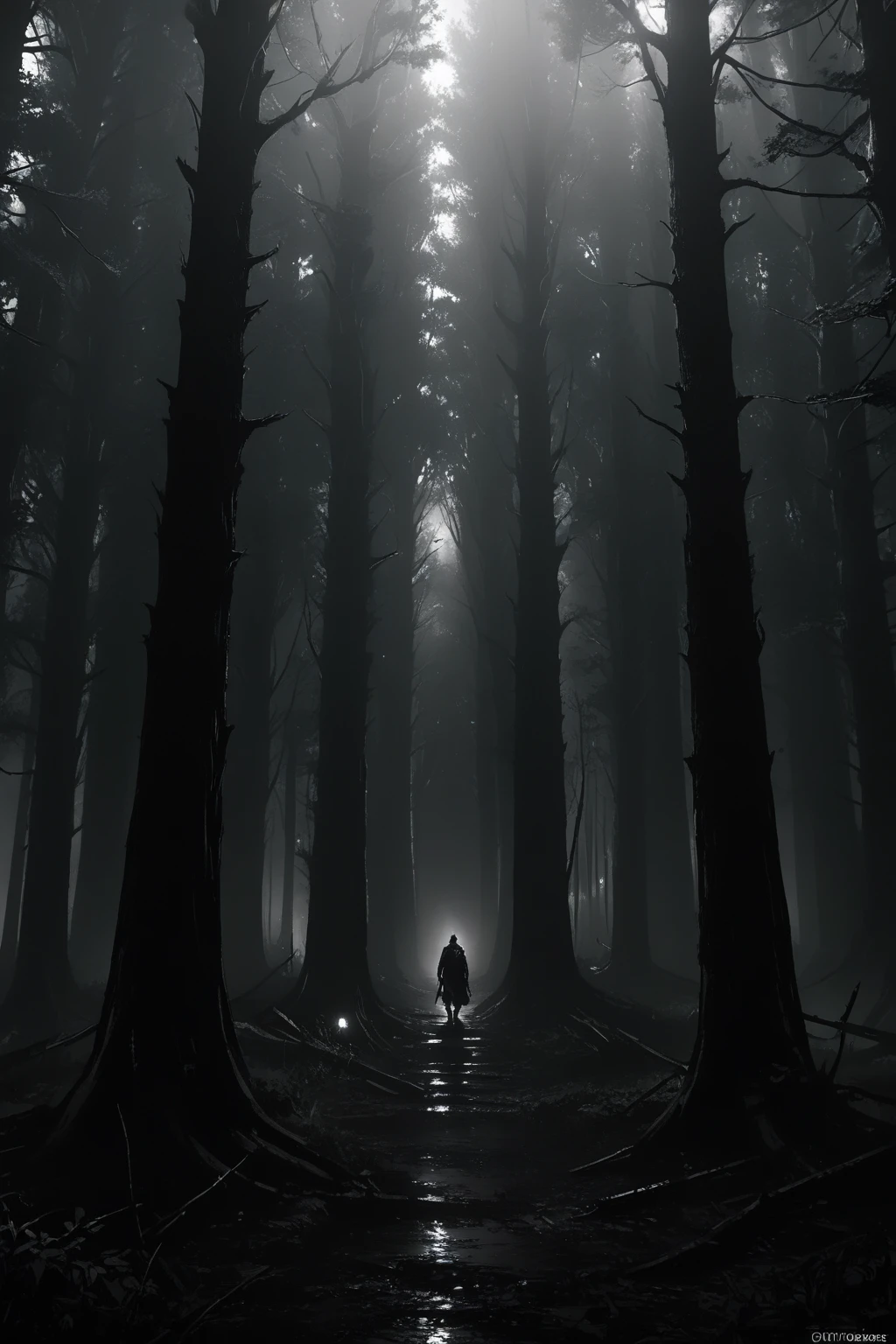 arafed image of a man walking through a wooded forest, Realistic dark concept art, dark cinematic concept art, 站In the dark forest, Standing in the mysterious forest, lost in a forest, lost in a forest, Forest Lights, In the dark forest, In the misty forest, Gloomy Forest, A sinister and spooky forest