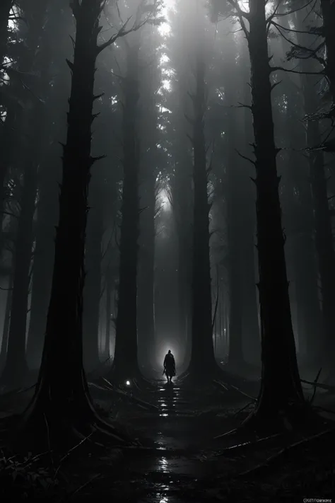 arafed image of a man walking through a wooded forest, Realistic dark concept art, dark cinematic concept art, 站In the dark fore...