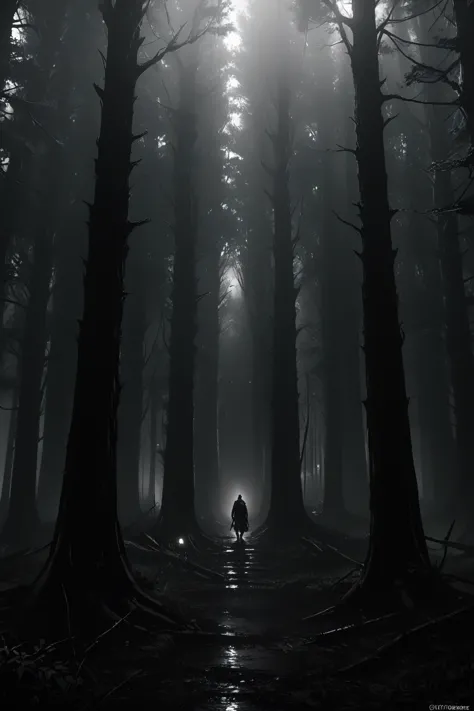 arafed image of a man walking through a wooded forest, realistic dark concept art, dark cinematic concept art, 站in the dark fore...