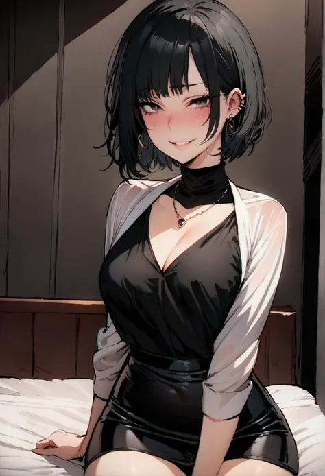 Chica anime sentada en una cama con un top negro y pantalones cortos  azules. - SeaArt AI