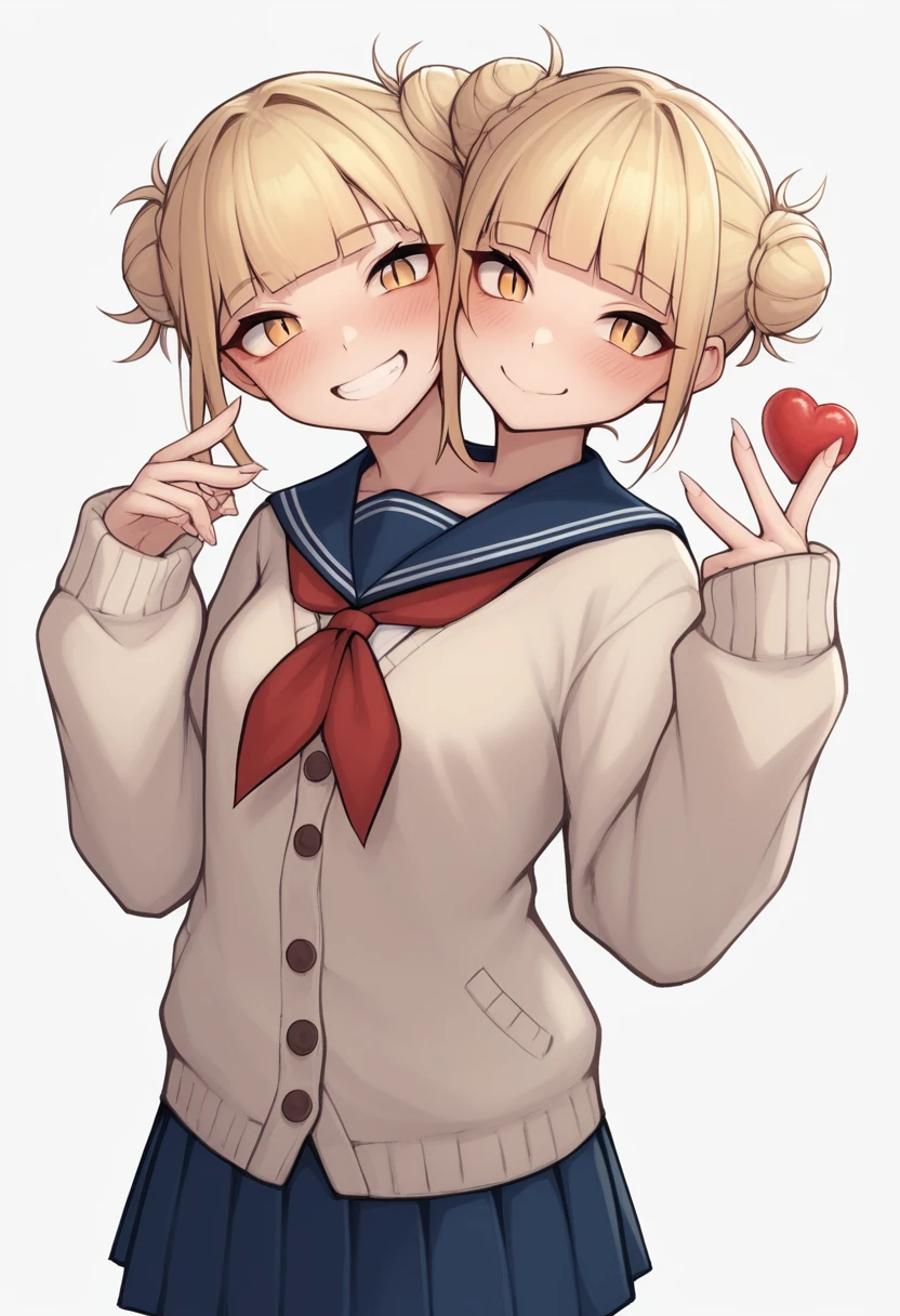 Two heads, conjoined, masterpiece, best quality, r-e-l-o-a-d, camonome, sincos, t0g4vx, 1girl, blonde hair, blue sailor collar, blue skirt, blunt bangs, blush, cardigan, double bun, fingernails, food, hair bun, heart, long fingernails, long sleeves, looking at viewer, messy hair, neckerchief, pleated skirt, red neckerchief, sailor collar, , short hair, skirt, sleeves past wrists, slit pupils, smile, solo, sepia cardigan, yellow eyes, white background, ass, simple background