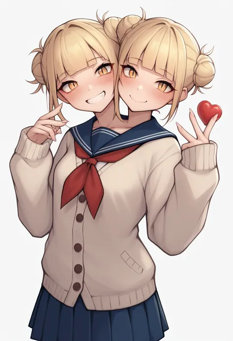 two heads, conjoined, masterpiece, best quality, r-e-l-o-a-d, camonome, sincos, t0g4vx, 1girl, blonde hair, blue sailor collar, ...