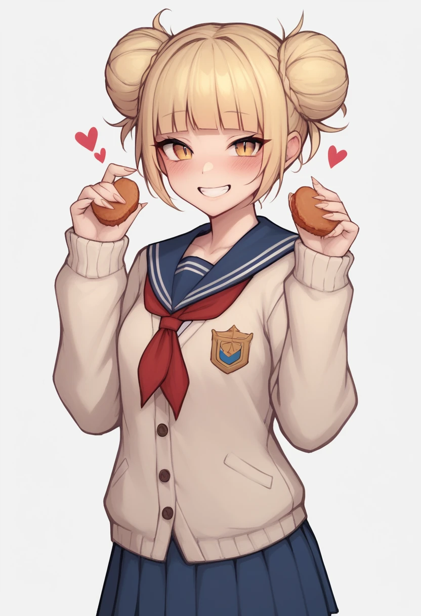 Two heads, conjoined, masterpiece, best quality, r-e-l-o-a-d, camonome, sincos, t0g4vx, 1girl, blonde hair, blue sailor collar, blue skirt, blunt bangs, blush, cardigan, double bun, fingernails, food, hair bun, heart, long fingernails, long sleeves, looking at viewer, messy hair, neckerchief, pleated skirt, red neckerchief, sailor collar, , short hair, skirt, sleeves past wrists, slit pupils, smile, solo, sepia cardigan, yellow eyes, white background, ass, simple background