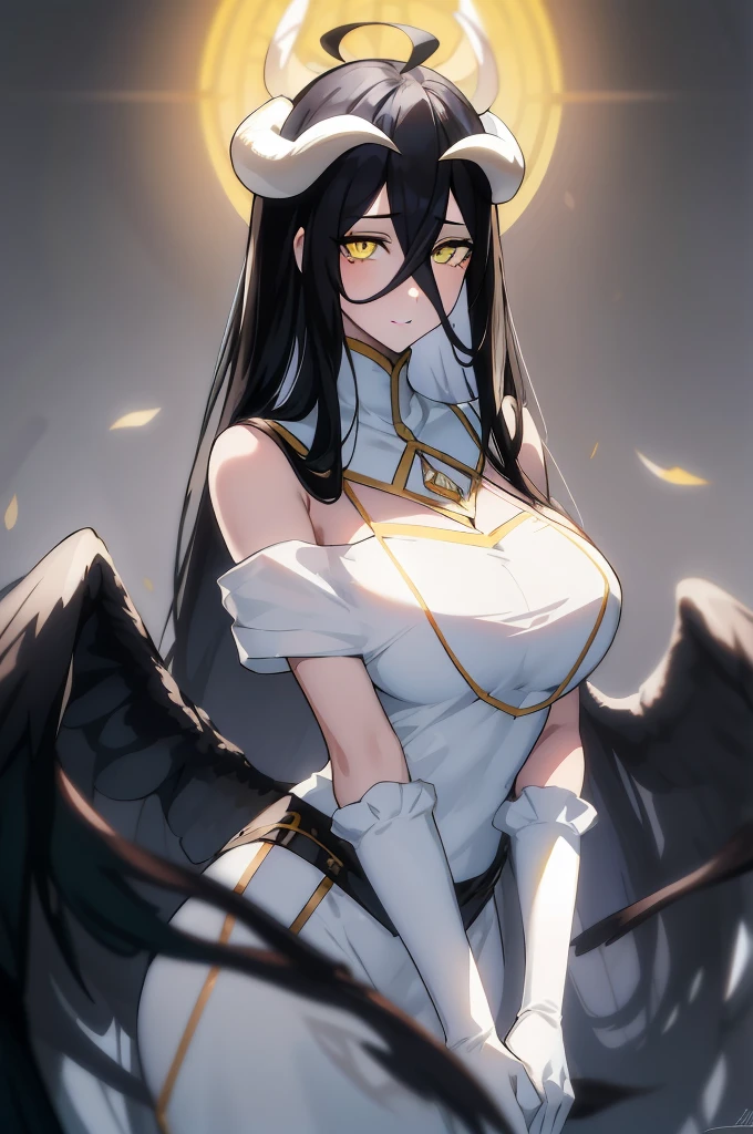 best qualityer, work of art, best animated, high resolution,
1 girl, standing alone, mature woman,  face detailed, detailedeyes, 
albedo, white gown, 1girl, 独奏, hip ventilation, whitegloves,
Ablaze light, Ablaze, detailed light, neckleace, sexly, medium breasts, ssmile, 
Bblack hair, hair between the eyes, yellow  eyes, whitehorns, ahoge, Black Wings, (low-winged:1.1),