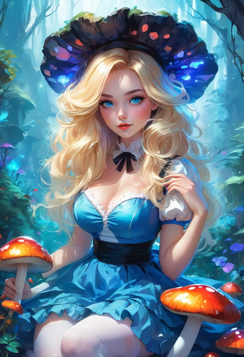 une belle femme blonde de 20 ans avec de gros cheveux en désordre dans une robe bleue, bas blancs, bandeau noir, clivage, tenant un champignon lumineux, style artistique fantastique, rossdraws dessin animé dynamique, Alice X. Zhang, Alice au pays des merveilles cyberpunk, joli art numérique détaillé, colorfull Art fantastique numérique, Art fantastique numérique ), peinture numérique brillante, rossdraws pastel vibrant, rossdessine 2. 5, rossdessine 1. 0