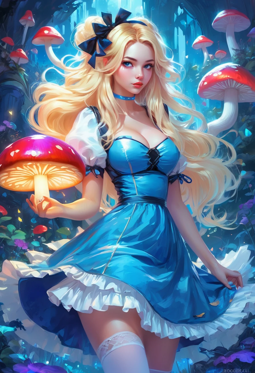 a beautiful 20 year old blonde woman with big messy hair in a blue dress, white stockings, black headband, cleavage, holding a glowing mushroom, fantasy art style, rossdraws cartoon vibrant, alice x. zhang, alice in wonderland cyberpunk, cute detailed digital art, colorfull digital fantasy art, digital fantasy art ), glossy digital painting, rossdraws pastel vibrant, rossdraws 2. 5, rossdraws 1. 0