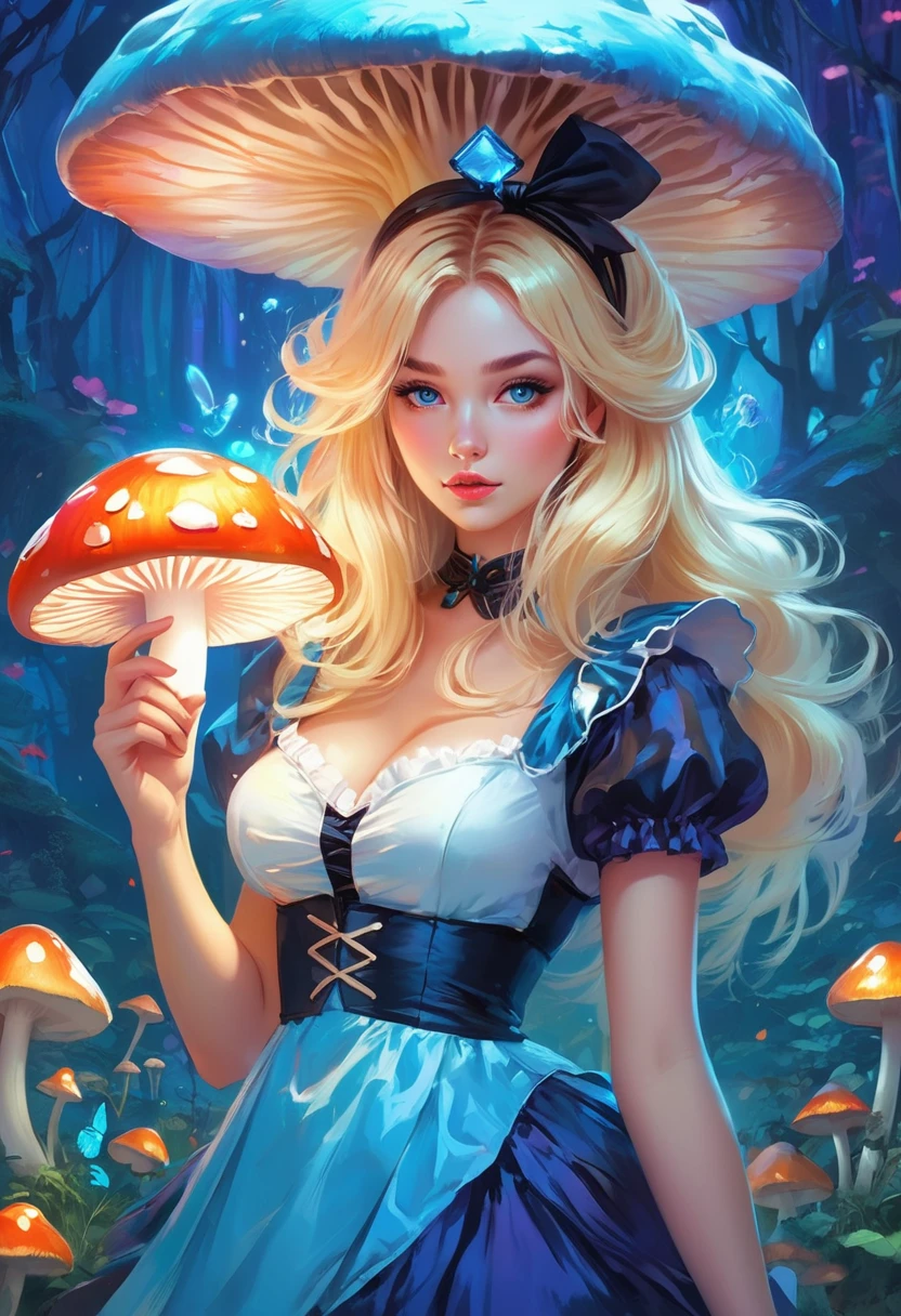 a beautiful 20 year old blonde woman with big messy hair in a blue dress, white stockings, black headband, cleavage, holding a glowing mushroom, fantasy art style, rossdraws cartoon vibrant, alice x. zhang, alice in wonderland cyberpunk, cute detailed digital art, colorfull digital fantasy art, digital fantasy art ), glossy digital painting, rossdraws pastel vibrant, rossdraws 2. 5, rossdraws 1. 0