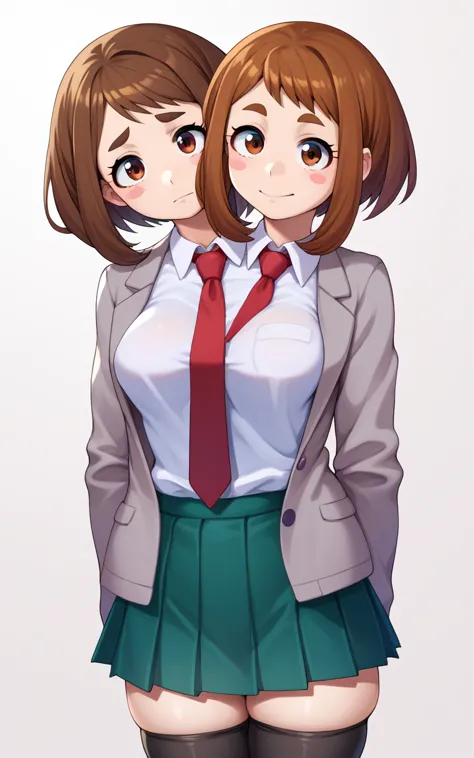 1girl, solo, two heads, conjoined, uraraka ochako, thick_eyebrows blush_stickers, brown_hair, brown_eyes, short_hair, sideburns,...