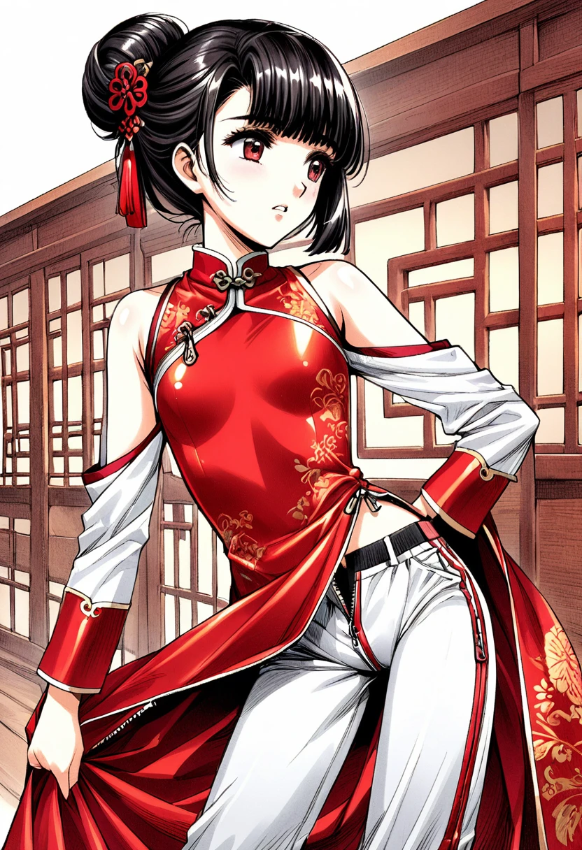 Period drama manga style　A 15-year-old super beautiful Chinese young lady with black hair in a bun cut wearing a super shiny red long-sleeved Chinese dress　She is wearing red long-sleeved pants with a zipper at the crotch.　Her pants were unzipped and her pussy was exposed