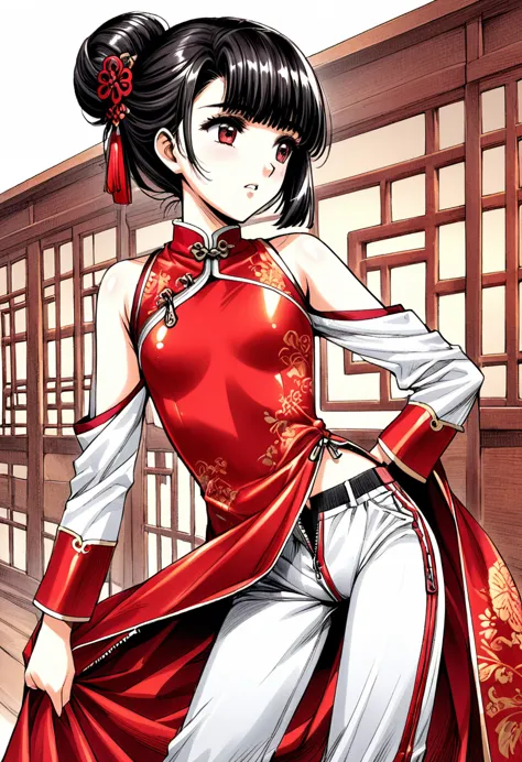 period drama manga style　a 15-year-old super beautiful chinese young lady with black hair in a bun cut wearing a super shiny red...