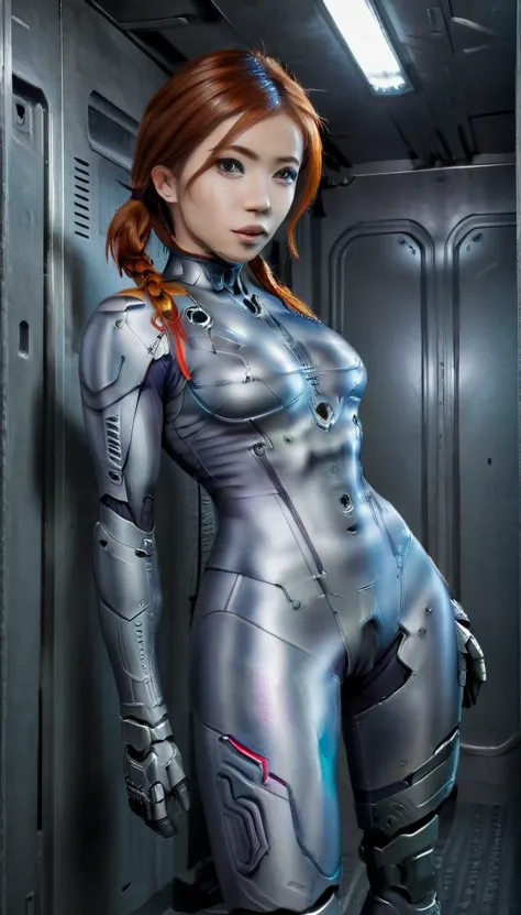 1 girl、medium bust、solo、red hair、braid、mobile race suit、shoulder armor、ceiling、wide shot、looking ahead、zipup suit 、closed mouth、...