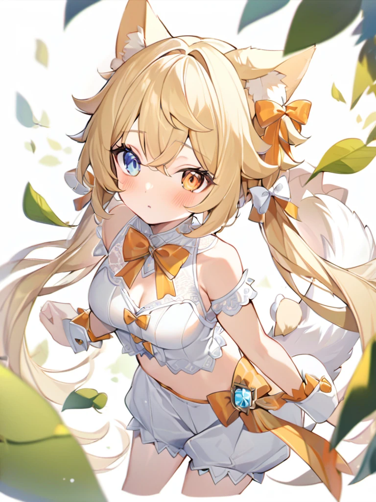 1girl, animal ears, bangs, bare shoulders, blonde hair, blush, bow, breasts, white cleavage, cropped torso, , blue eyes, hair ribbon, heterochromia,  stlooking at viewer, , orange bow, orange eyes, orange ribbon, ears like an unearthly animal, fluffy tail, light tail, real tail, ribbon, solo, stuffed animal, stuffed bunny, stuffed toy, twintails, upper body, full-length, white legbands, white shoes with lace and white bows, white background, wrist cuffs, yellow eyes, bloomers, close-up, fair skin frills, lace, midriff, skirt, solo, , white background,shorts, white top with ribbon and lace and trousers,trousers, genshin,white slippers with a bow,All clothes are white, laceAt full height, it stands,  at the face, pushing the leaves apart, the sun in the eyes