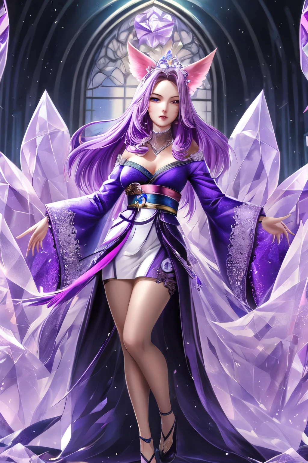 ((best quality)), ((masterpiece)), (detailed), detailed purple eyes, detailed hands, full-body image, humanoid kitsune, wearing a short kimono, crystallized crown, light purple hair, light purple fox ears, only 2 translucent crystal foxtails, only 2 translucent crystal foxtails, 1 star shape marking on forehead, delicate and beautiful detailing, detailed hands, well-proportioned detailed purple eyes, well-proportioned hands, well-proportioned face, round detailed purple eyes, beautiful detailed and clear purple eyes, volume smooth and sharp, long flat light purple bangs, fictional art, best photos, best quality, 1 very beautiful and meticulous star shape forehead marking,