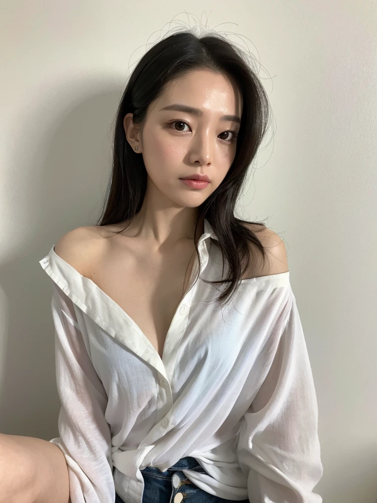 ((Highest quality, 8K, Ultra-high resolution)), ((masterpiece: 1.3)), (Perfect appearance), (Photorealism: 1.6), (JMA), (KE), (Mature Woman:1), ((Portraiture:1.5)), Cross Arm, Wet white shirt, melancholy, In the room. 40 year old asian woman wearing old thin shirt with high V. The shirt was open at the front.Her shirt was hanging off one shoulder、I wasn&#39;t even wearing underwear.。 (masterpiece), Highest quality, Expressive eyes, Perfect Face