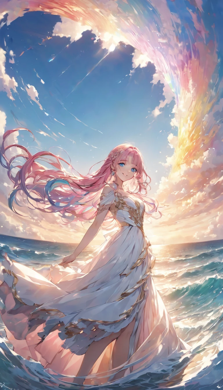 Stunning portrait of a 17-year-old girl with rainbow hair, Blue and pink mix, Under the bright sky on a sunny summer day、The breathtaking views unfold。Half blue and half pink、Colorful Girl, Flowing Hair、Standing with a captivating smile。Long curls cascading down like golden waves、Bright sky blue eye frames。Red and black repair dress 1.Wearing a voluminous 2m skirt、Captivate the audience with elegance。The dress was torn in many places、It will be clear