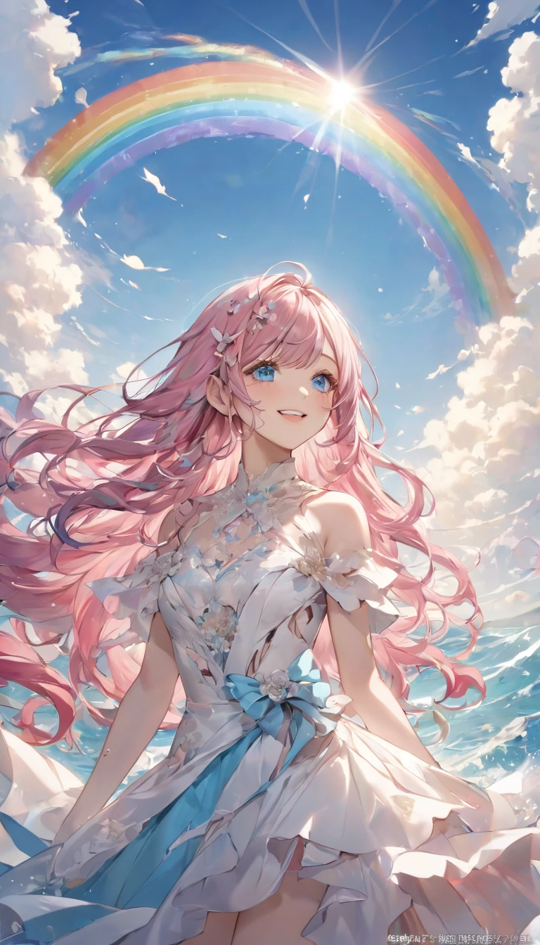 Stunning portrait of a 17-year-old girl with rainbow hair, Blue and pink mix, Under the bright sky on a sunny summer day、The breathtaking views unfold。Half blue and half pink、Colorful Girl, Flowing Hair、Standing with a captivating smile。Long curls cascading down like golden waves、Bright sky blue eye frames。Red and black repair dress 1.Wearing a voluminous 2m skirt、Captivate the audience with elegance。The dress was torn in many places、It will be clear