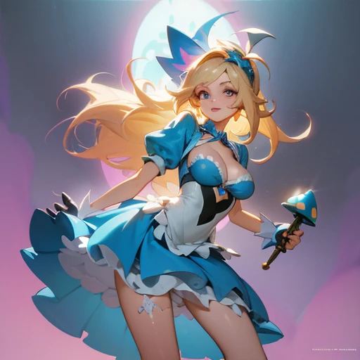 a beautiful 20 year old blonde woman with big messy hair in a blue dress, white stockings, black headband, cleavage, holding a glowing mushroom, fantasy art style, rossdraws cartoon vibrant, alice in wonderland cyberpunk, cute detailed digital art, colorfull digital fantasy art, digital fantasy art ), glossy digital painting, rossdraws pastel vibrant, rossdraws 2. 5, rossdraws 1. 0