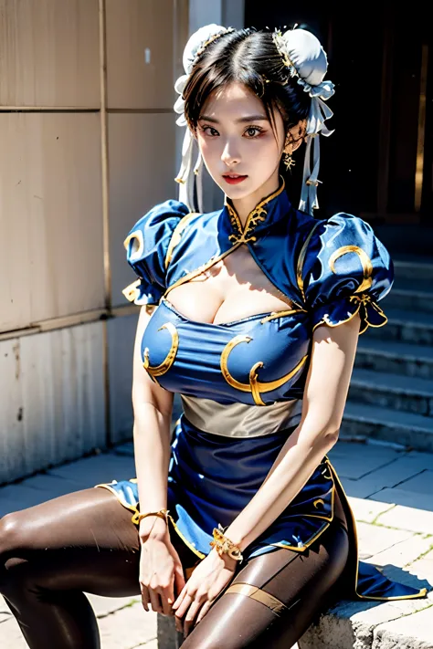 tall, hands on crotch, gather legs,shy,white background,chun-li, standing,bun head,bun covers, boots, bracelet, brown pantyhose,...