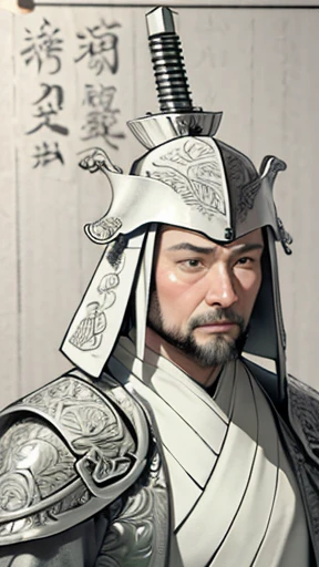 （（（Monochrome））、（（Men in ancient China））、（Iron Armor）、（A long string is attached to the top of the helmet）、Highest quality、masterpiece、Ultra-high resolution、(Realistic:1.4)、Game Poster、Three Kingdoman with a beard,Oriental、Three Kingdoms演義に見られるように々military commander、Highest quality、masterpiece、Ultra-high resolution、(Realistic:1.4)、Game Poster、Crisp and beautiful image quality、Embroidered cloth wrapped around a topknot、whole body ,(green metal armor, metal dragon head on the shoulder, Holding a sword, (Skin of color, ), (green metal armor with intricate pattern:1.2), gloves, Long trousers, (Very detailed, bloom:1.5), (Highest quality, Concept Art, 4K), (analog:1.2), (high sharpness), (Detailed pupil:1.1), (Painting:1.1), (digital Painting:1.1), Detailed face and eyes, masterpiece, Highest quality, (Very detailed写真:1.1), 8K, photoRealistic, (PurerosFace_v1:0.2), [:(Detailed face:1.2):0.2], sharp, Realistic, Realistic Shadow, 