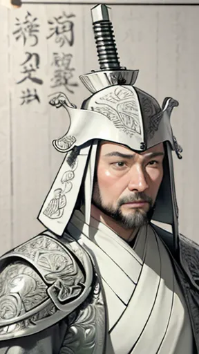 （（（monochrome））、（（men in ancient china））、（iron armor）、（a long string is attached to the top of the helmet）、highest quality、maste...