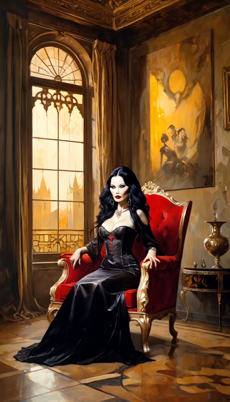 vampire girl, long black hair, middle age, full of blood, sexy middle age noble clothing, (((blood in the mouth))), slight smile, in a palace room, sitting in a luxurious armchair, large window with night view, dim light , sepia toned, (art inspired by Bill Sienkiewicz). oil painting)(best quality,4k,8k,highres,masterpiece:1.2),ultra-detailed,(realistic,photorealistic,photo-realistic:1.37),intricate details,vivid colors,sharp focus,professional,Dave McKean artwork, oil touch of surrealism,oil painting style
