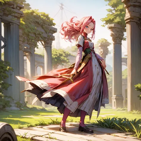 1girl, full body version, 1character, blue eyes, long curly haircut, pink colour hair, ancient roman style clothing, red colour ...