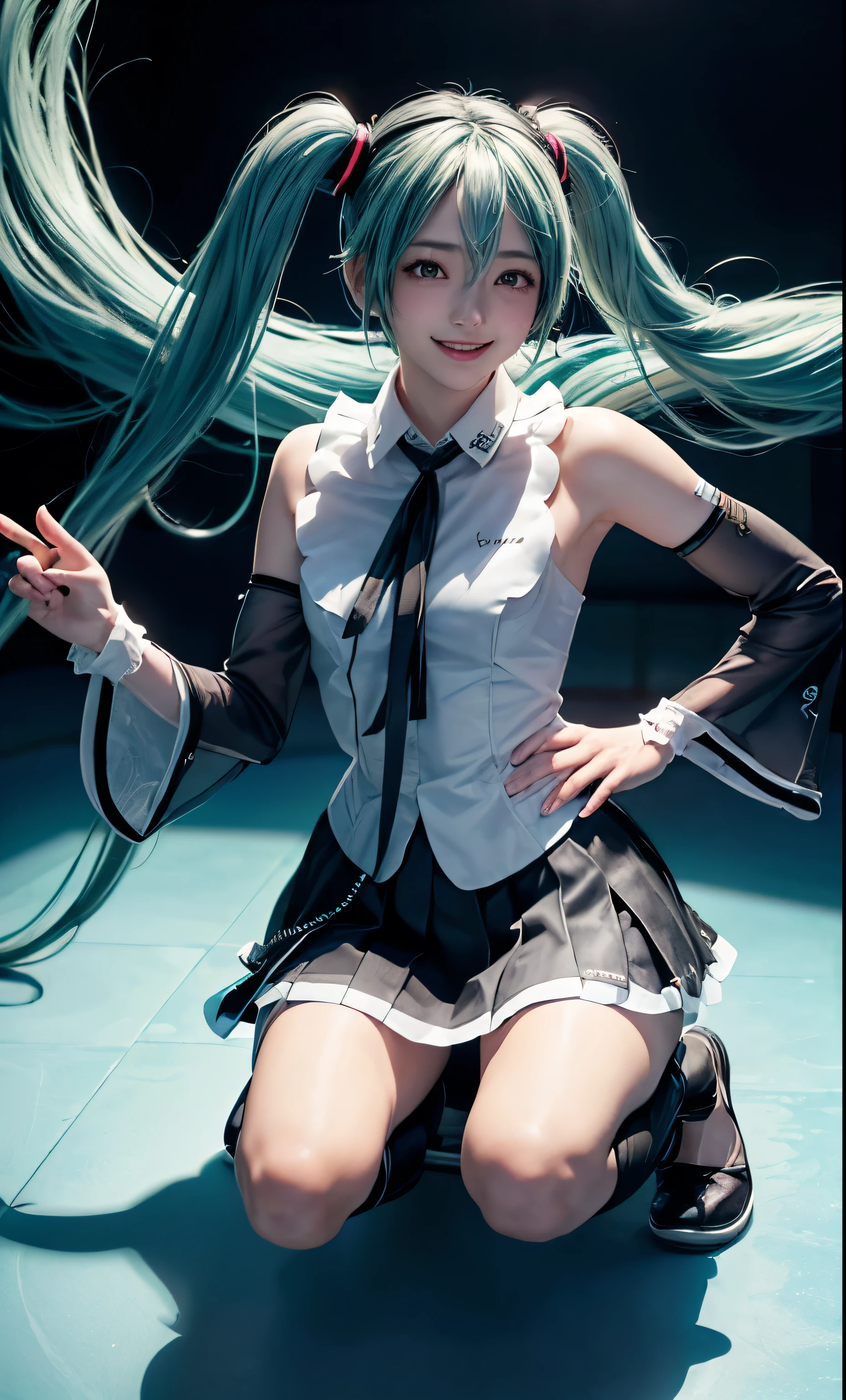 Ein Mädchen, allein, Frau , Tischplatte, beautiful hanZähnes, hatsune miku, weißes Hemd, (schwarzer Rock:1.3), Blaue Krawatte, bare shoulZähneers, ZähneetacheZähne sleeves, 
brechen
:Zähne, Glücklich, lächeln, Zeigen Sie Ihre Zielgruppe an, ✌️,(Contrapo:1.5), Hocken,
brechen
stage lights,