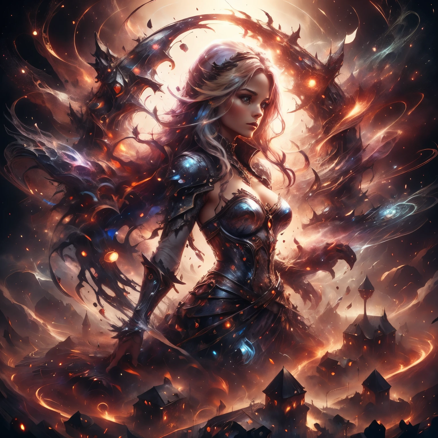 (femme ) marcher dans une cité mediévale la nuit, graphiste Magali Villeneuve, explorateur fantasy, Stylé par Raymond Swanland, nécromancienne, magie, invoque des morts-vivants, art de personnage de fantasy épique, art de personnage génial, portrait d'une femme ladina, Illustrations de personnages de RPG, thème bleu, pratique la magie, haute qualité, magicienne, magicien, cheveux blond, (gothique)