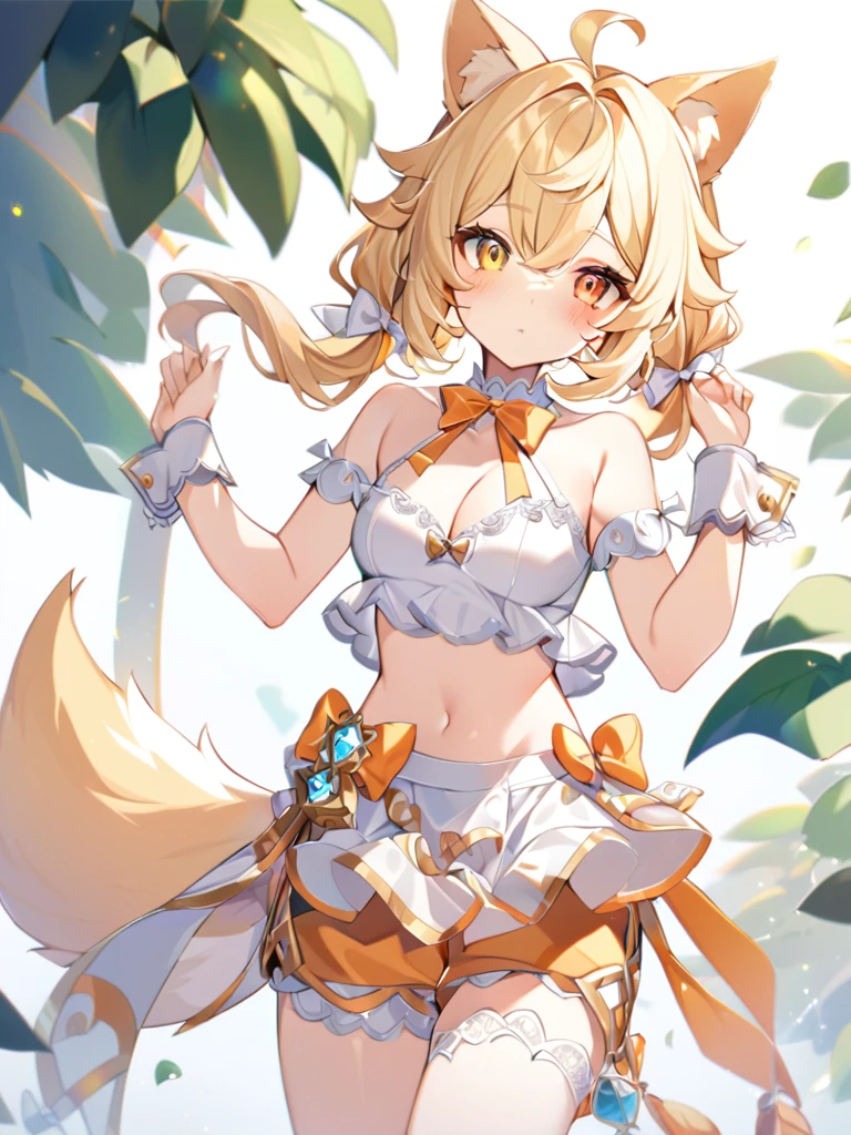 1girl, animal ears, bangs, bare shoulders, blonde hair, blush, bow, breasts, white cleavage, cropped torso, , blue eyes, hair ribbon, heterochromia,  stlooking at viewer, , orange bow, orange eyes, orange ribbon, ears like an unearthly animal, fluffy tail, light tail, real tail, ribbon, solo, stuffed animal, stuffed bunny, stuffed toy, twintails, upper body, full-length, white legbands, white shoes with lace and white bows, white background, wrist cuffs, yellow eyes, bloomers, close-up, fair skin frills, lace, midriff, skirt, solo, , white background,shorts, white top with ribbon and lace and trousers,trousers, genshin,white slippers with a bow,All clothes are white, laceAt full height, it stands,  at the face, pushing the leaves apart, the sun in the eyes