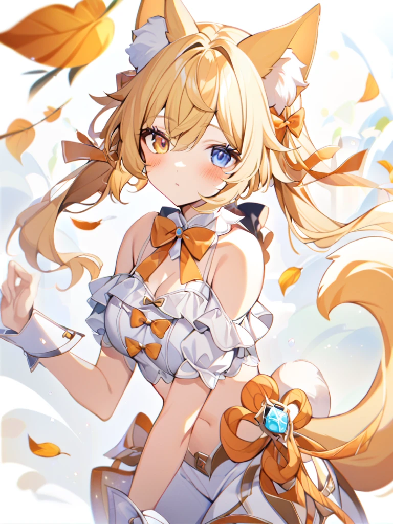 1girl, animal ears, bangs, bare shoulders, blonde hair, blush, bow, breasts, white cleavage, cropped torso, , blue eyes, hair ribbon, heterochromia,  stlooking at viewer, , orange bow, orange eyes, orange ribbon, ears like an unearthly animal, fluffy tail, light tail, real tail, ribbon, solo, stuffed animal, stuffed bunny, stuffed toy, twintails, upper body, full-length, white legbands, white shoes with lace and white bows, white background, wrist cuffs, yellow eyes, bloomers, close-up, fair skin frills, lace, midriff, skirt, solo, , white background,shorts, white top with ribbon and lace and trousers,trousers, genshin,white slippers with a bow,All clothes are white, laceAt full height, it stands,  at the face, pushing the leaves apart, the sun in the eyes