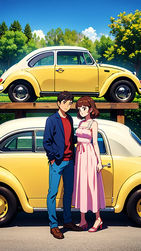 ((highest quality)), ((masterpiece)), (detailed), lovers standing in front of a small retro car, like a volkswagen、2 people、boy ...