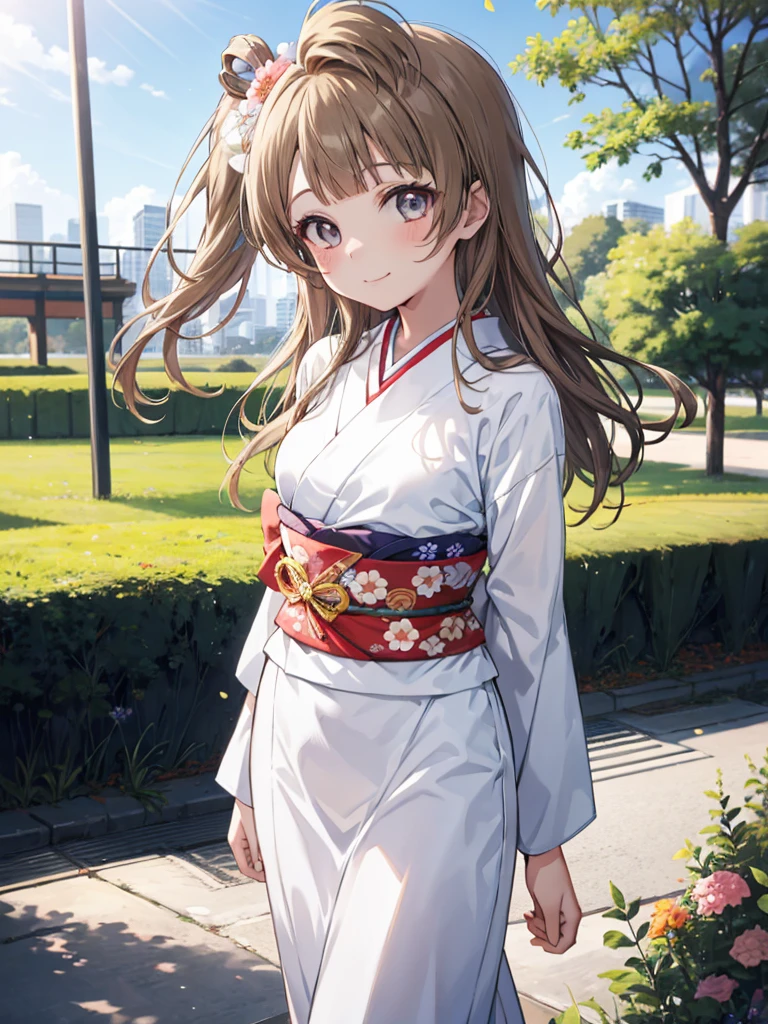 top-quality、anime girl with brown hair and beautiful flowers々Park where flowers bloom Kotori Minami、Arms behind your back、 [3D images:1.15],hight resolution、a park、Best Quality, hight resolutionであり, front-facing view、long hair overall、1girl in, firm face, Smile, Kotori, Long hair, Brown hair,、right pupil is narrow, Cute clothes、White kimono、Japanese style colorful kimono、absolute reference to center、During the walk、Dating、Thin fingertips