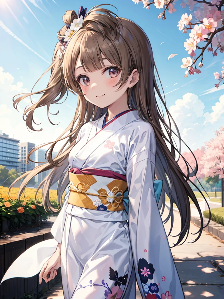 top-quality、anime girl with brown hair and beautiful flowers々Park where flowers bloom Kotori Minami、Arms behind your back、 [3D images:1.15],hight resolution、a park、Best Quality, hight resolutionであり, front-facing view、long hair overall、1girl in, firm face, Smile, Kotori, Long hair, Brown hair,、right pupil is narrow, Cute clothes、White kimono、Japanese style colorful kimono、absolute reference to center、During the walk、Dating、Thin fingertips