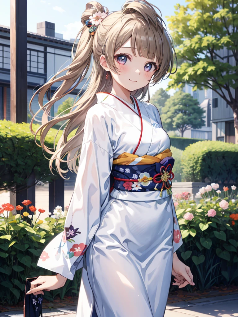 top-quality、anime girl with brown hair and beautiful flowers々Park where flowers bloom Kotori Minami、Arms behind your back、 [3D images:1.15],hight resolution、a park、Best Quality, hight resolutionであり, front-facing view、long hair overall、1girl in, firm face, Smile, Kotori, Long hair, Brown hair,、right pupil is narrow, Cute clothes、White kimono、Japanese style colorful kimono、absolute reference to center、During the walk、Dating、Thin fingertips