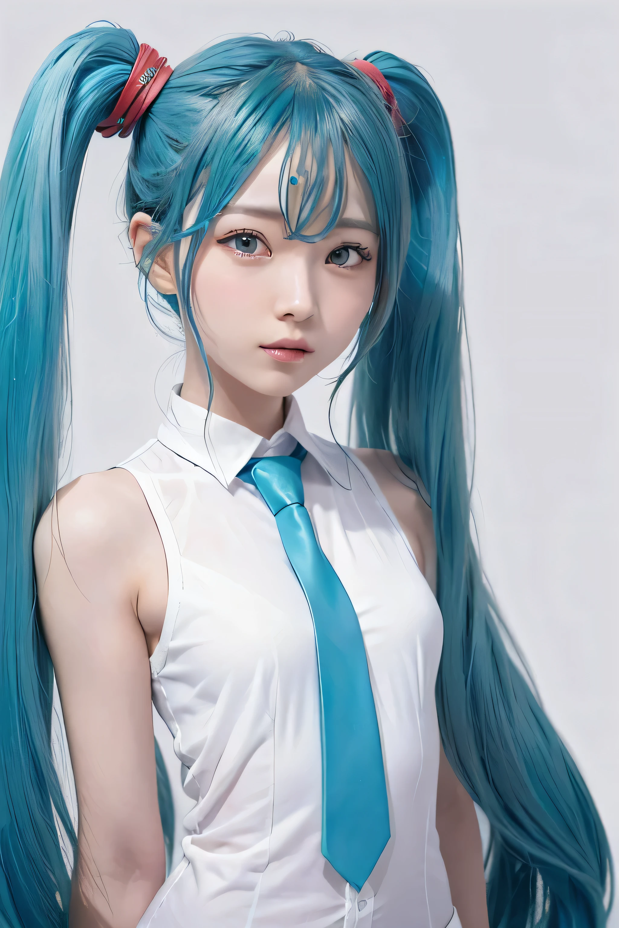 {The theme is Hatsune Miku}、(White sleeveless long shirt:1.3)、((Turquoise tie))、 (Red hairpin:1.3)、(Twin tails、Crazy turquoise long hair:1.3)、, Shiny Hair, Expressive hair, crystal hair, Gradient Eye, Artistic, Conceptual Art, Glitter effect , Shine, Ultra-high resolution, retina, masterpiece, Accurate, Anatomically correct, Very detailed, High detail, Fine skin,((Flat Body、slim、cute:1.3))、(Simple Background:1.3)