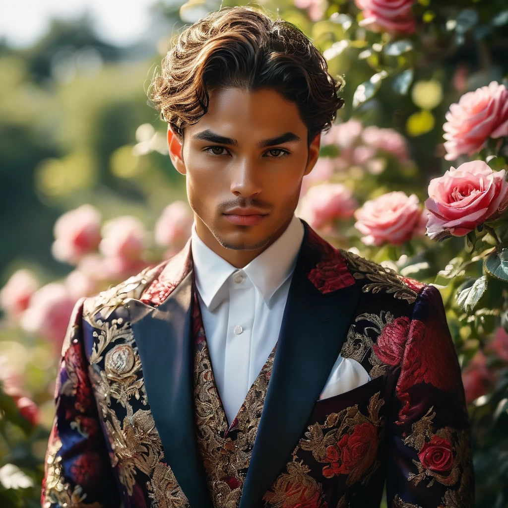 Create an image of a young man inspired by the characteristics of the rose 'The Prince, mixed race male model 23-25 year old, (angel face, prince eyes, lightly sweet smile), standing in a poised and regal posture, hand resting by his side, evokes a sense of deep contemplation and elegance. He is dressed in a deep, rich velvet jacket in dark deep purple or red wine, adorned with intricate embroidery and layered over a crisp black shirt, complemented by dark tailored trousers and polished black shoes. His clothing reflects the complex, multi-petaled structure of the rose, with detailed textures and luxurious fabrics.
The composition places the model slightly off-center, allowing for a view of a lush greenhouse garden background with glossy green leaves and hints of blooming deep-red roses, creating a natural yet sophisticated setting. Soft diffused lighting highlights the model's features and clothing, casting gentle shadows that add depth and dimension to the image. The overall atmosphere is one of quiet intensity and refined elegance, with a subtle hint of romanticism.
The photo is taken at eye level with a slight upward angle to emphasize the model's regal presence, using a medium-format camera, Canon EOS R7 and Sigma AF 85mm F1.4 EX DG HSM lens, used to achieve a shallow depth of field, ensuring the model stands out sharply against the softly blurred background.
 by photographers Thomas Synnamon known for his ability to capture elegance and refinement in fashion photography, golden hour dreamlike settings and intricate details complements the theme perfectly.